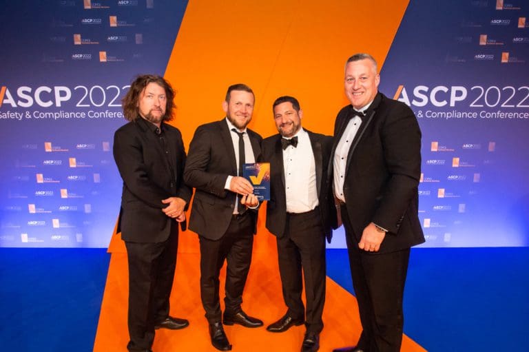 PipeSnug directors Alex Lever (second left) and Chris Burdett (third left) collect the ASCP Product of the Year Award presented by Award Sponsor Matt Isherwood of PH Jones (far right).