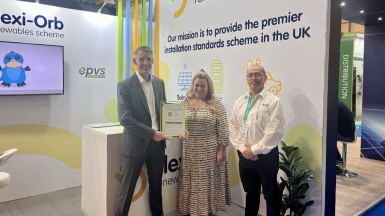 Group photo of David Lindsay- MD Certi-fi Schemes (Flexi-Orb), Alex Gates- MD Simply Certification (and Simply Learning), Mark Nelson- Certification Director, Certi-fi Schemes pictured at their Installer Show stand.