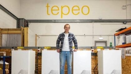 A picture of tepeo CEO Johan du Plessis in front of a tepeo sign.