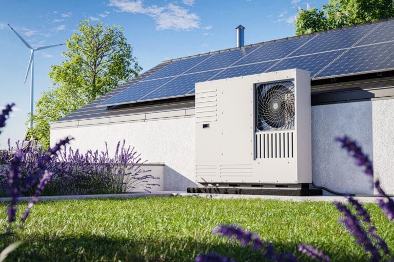 Green grass, house and heat pump